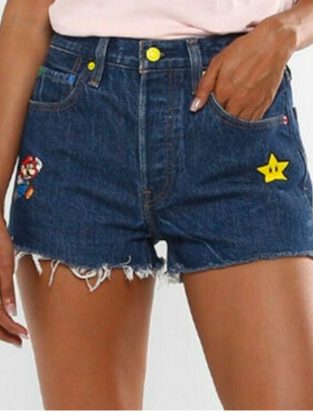 Mario Go kart Levi's Blue Denim Cutoff Shorts with Red Tab button fly